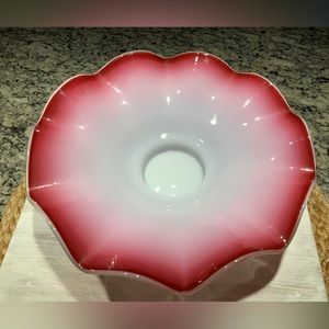 Victorian Glass Cranberry Ruffled Brides Bowl Cased White opaque